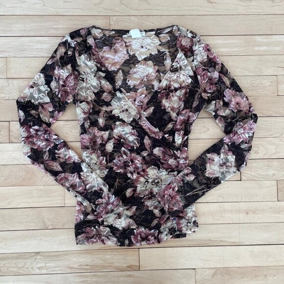 Y2K Sheer Mesh Wrap Top Small | Floral Glitter Night-Out Clubcore NYE (Cache) - Picture 8 of 11